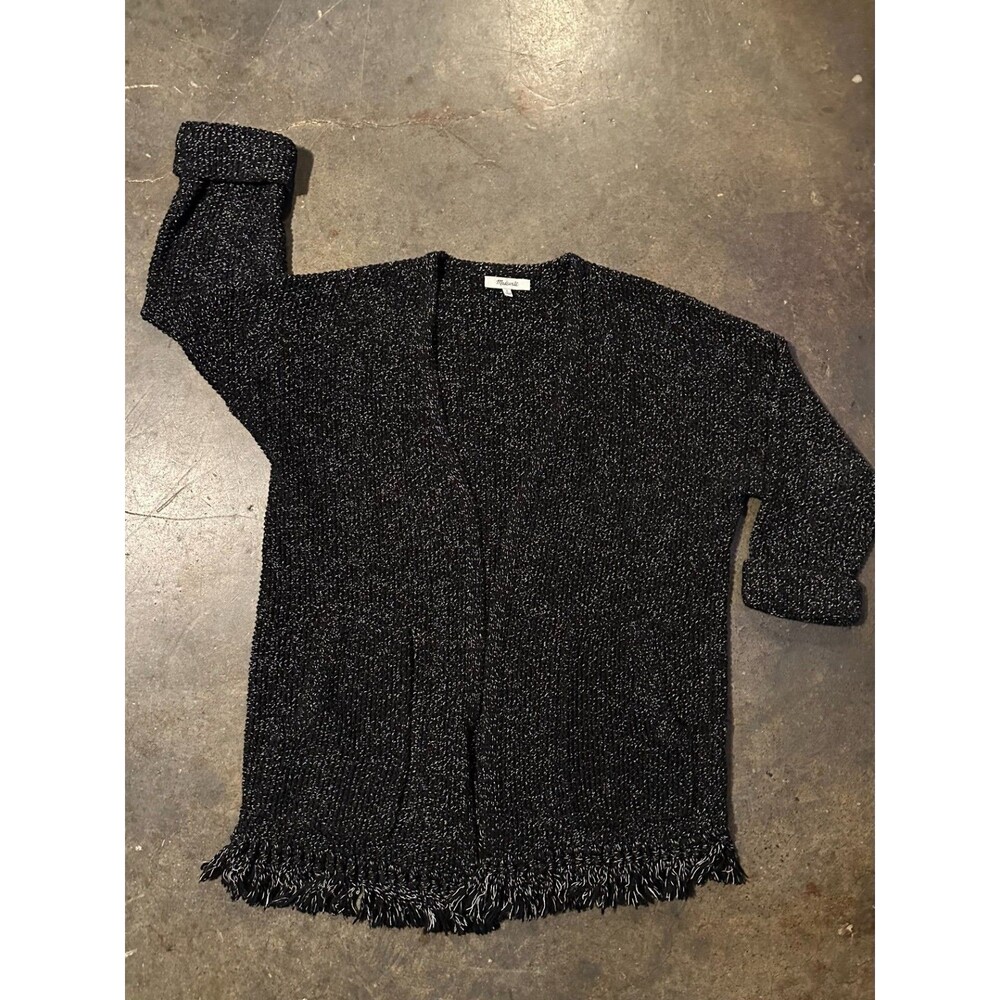 Madewell Fringe Cardigan Sweater Womens Small Black White Heavy Knit Open Front